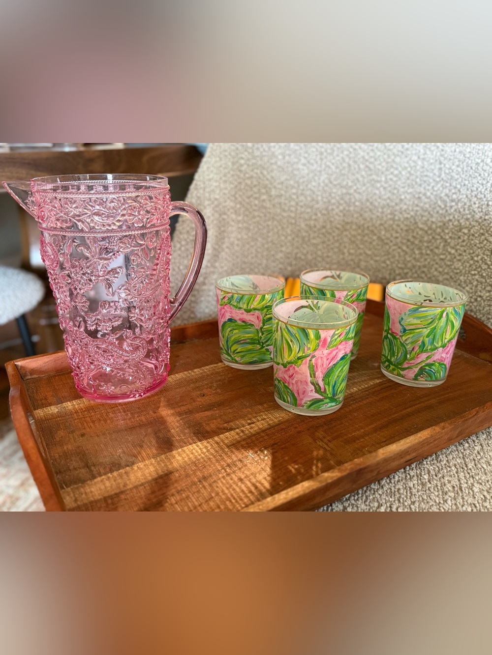 Lily Pulitzer palm print acrylic Tumbler Set with Pink Pitcher